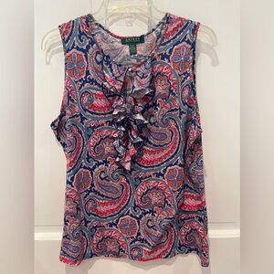 Ralph Lauren Sz XL paisley multi colored sleeveless ruffled V neck cotton top